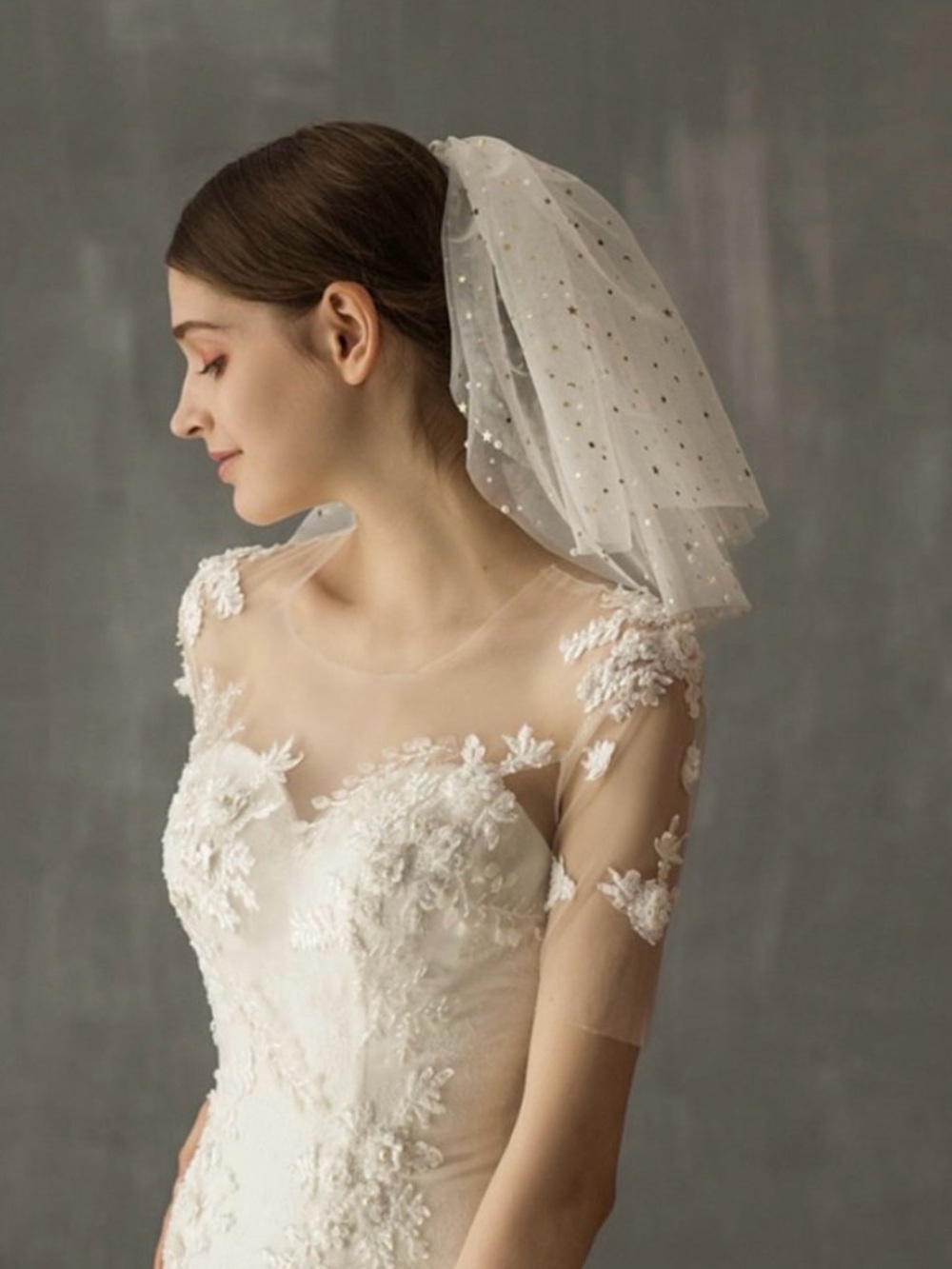 Wedding veil white bridal elegant shoulder short with gold stars elegant